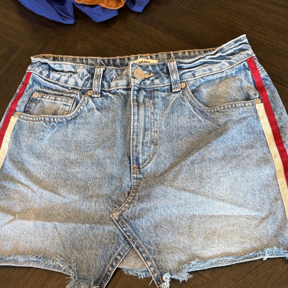 Garage Denim Asymmetrical Skirt with Red and White Stripes